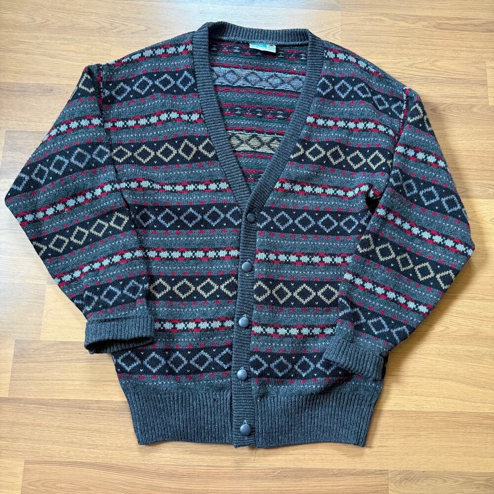 Men's Vintage 90's Norswear Red Gray Wool Knit Cardigan Sweater Sz 42 Large VTG